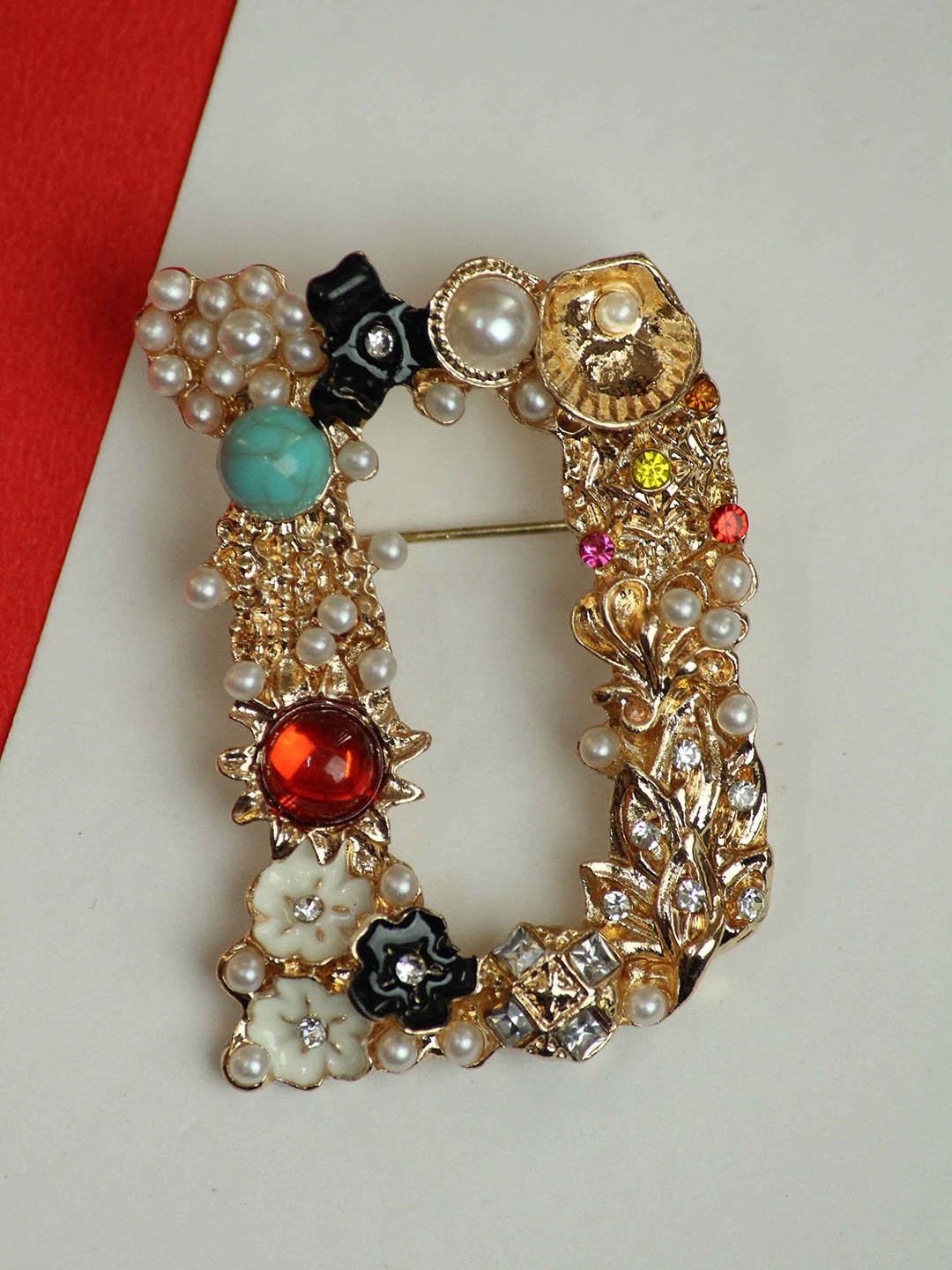 

Tossido Men Alphabet D Charm Stone Studded & Pearl Beaded Brooch, Gold