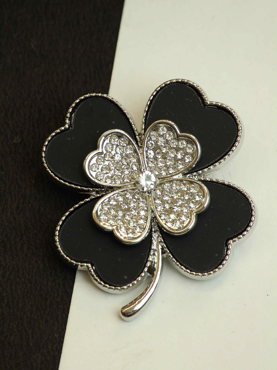 

Tossido Men Leaf Clover Charm Stone Studded Brooch, Gold