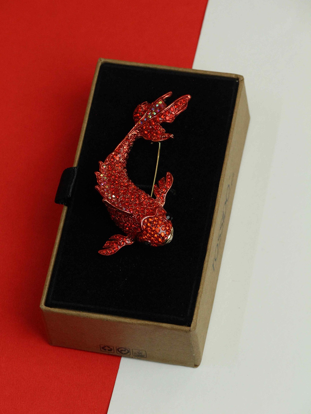 

Tossido Men Fish Charm Stone Studded Brooch, Red