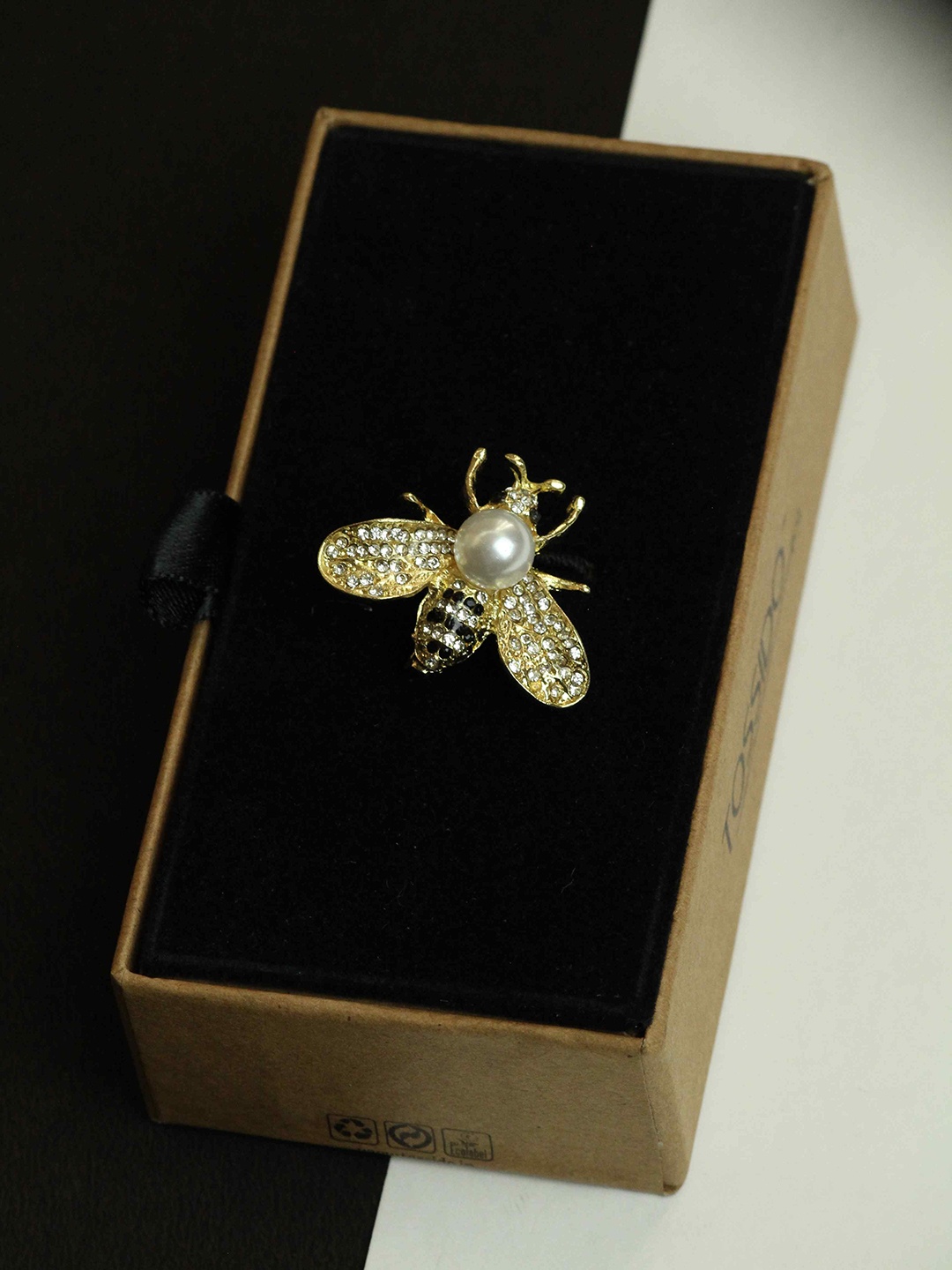 

Tossido Men Honeybee Charm Stone Studded Pearl Beaded Brooch, Gold
