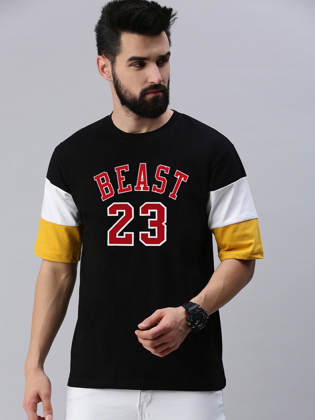 Rodzen Typography Printed Round Neck Oversized Cotton T-shirt, Black