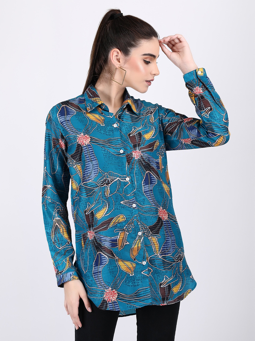 

ADAA JAIPUR Floral Printed Shirt Style Top, Teal