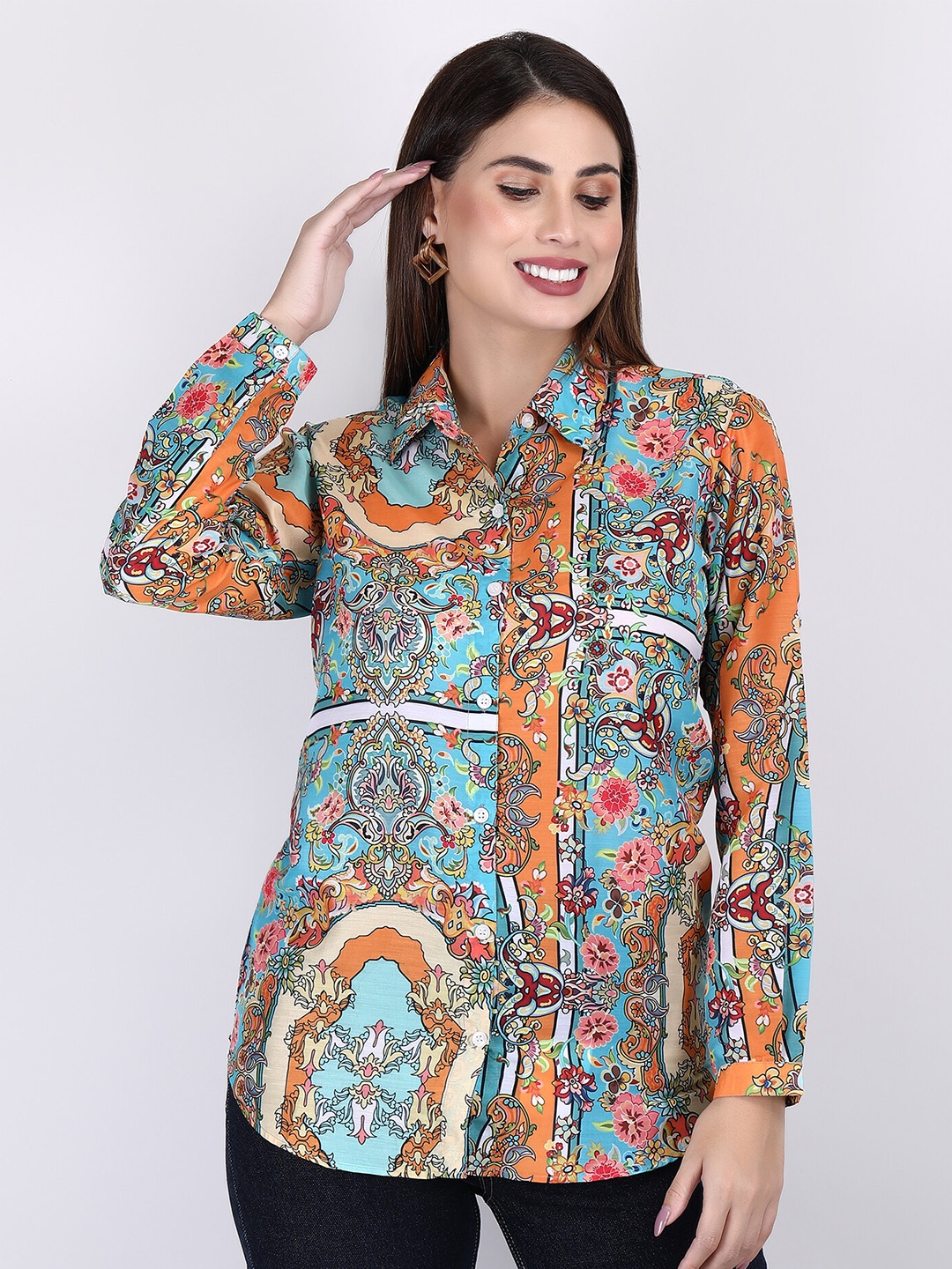 

ADAA JAIPUR Ethnic Motif Printed Shirt Style Top, Blue