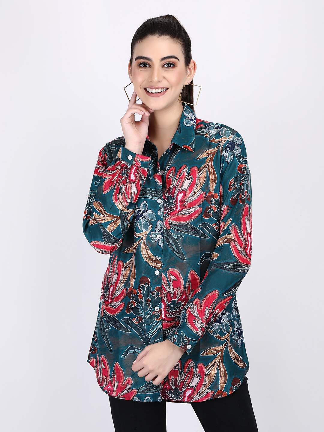 

ADAA JAIPUR Floral Printed Shirt Style Top, Green