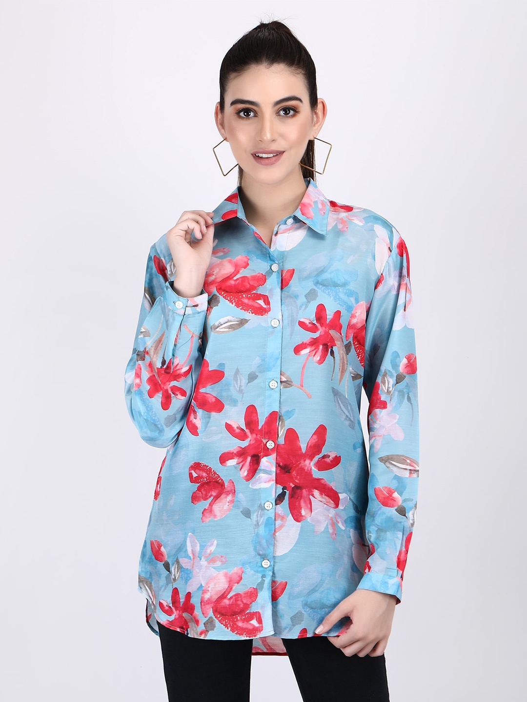 

ADAA JAIPUR Floral Printed Shirt Style Top, Blue