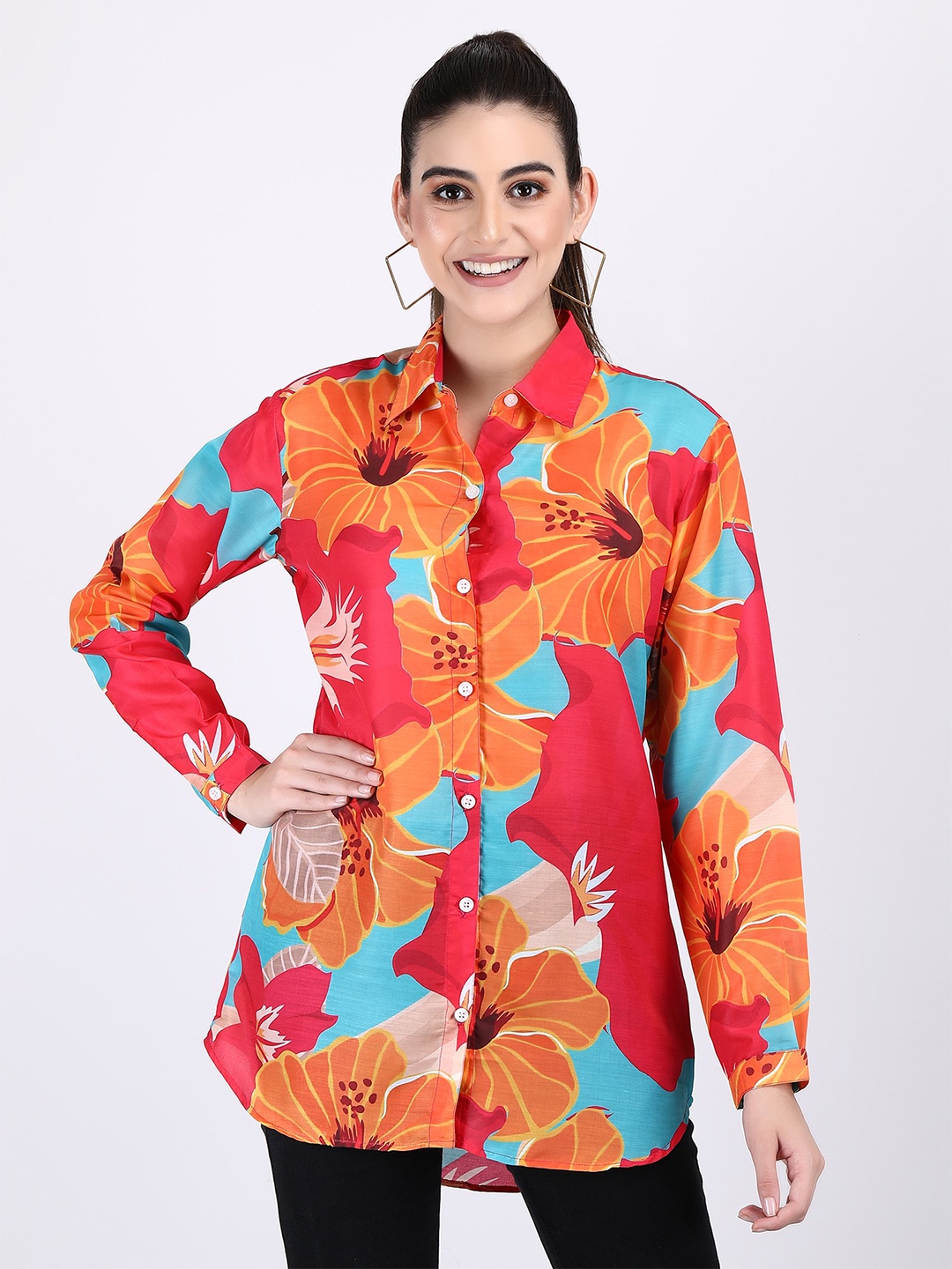 

ADAA JAIPUR Floral Printed Shirt Style Top, Orange