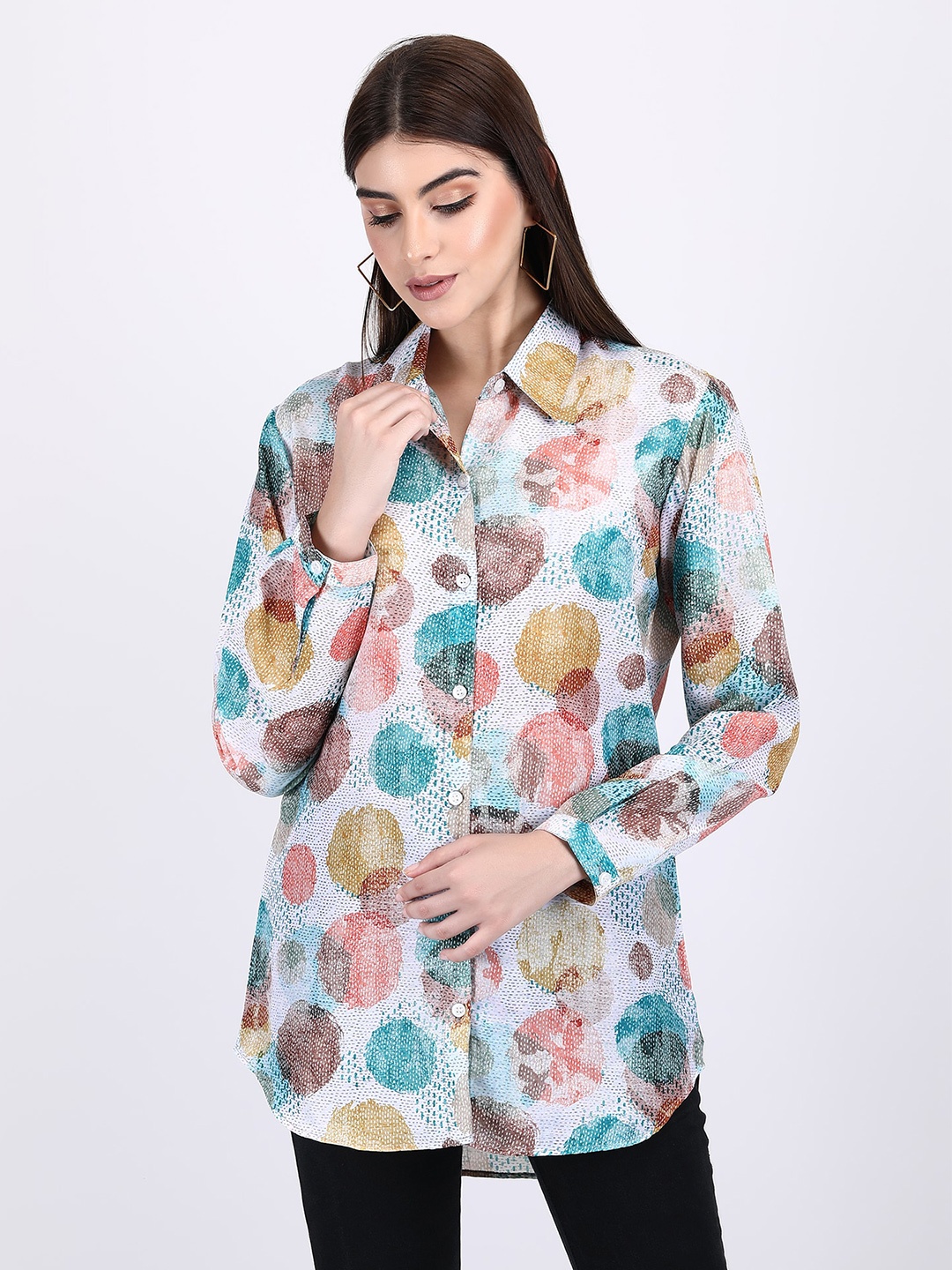 

ADAA JAIPUR Abstract Printed Shirt Style Top, Grey