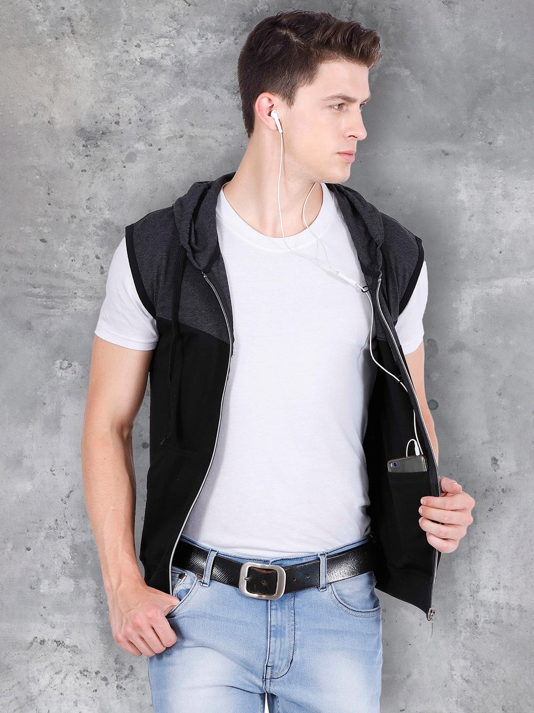 

fanideaz Sleeveless Hooded Open Front Jacket, Black