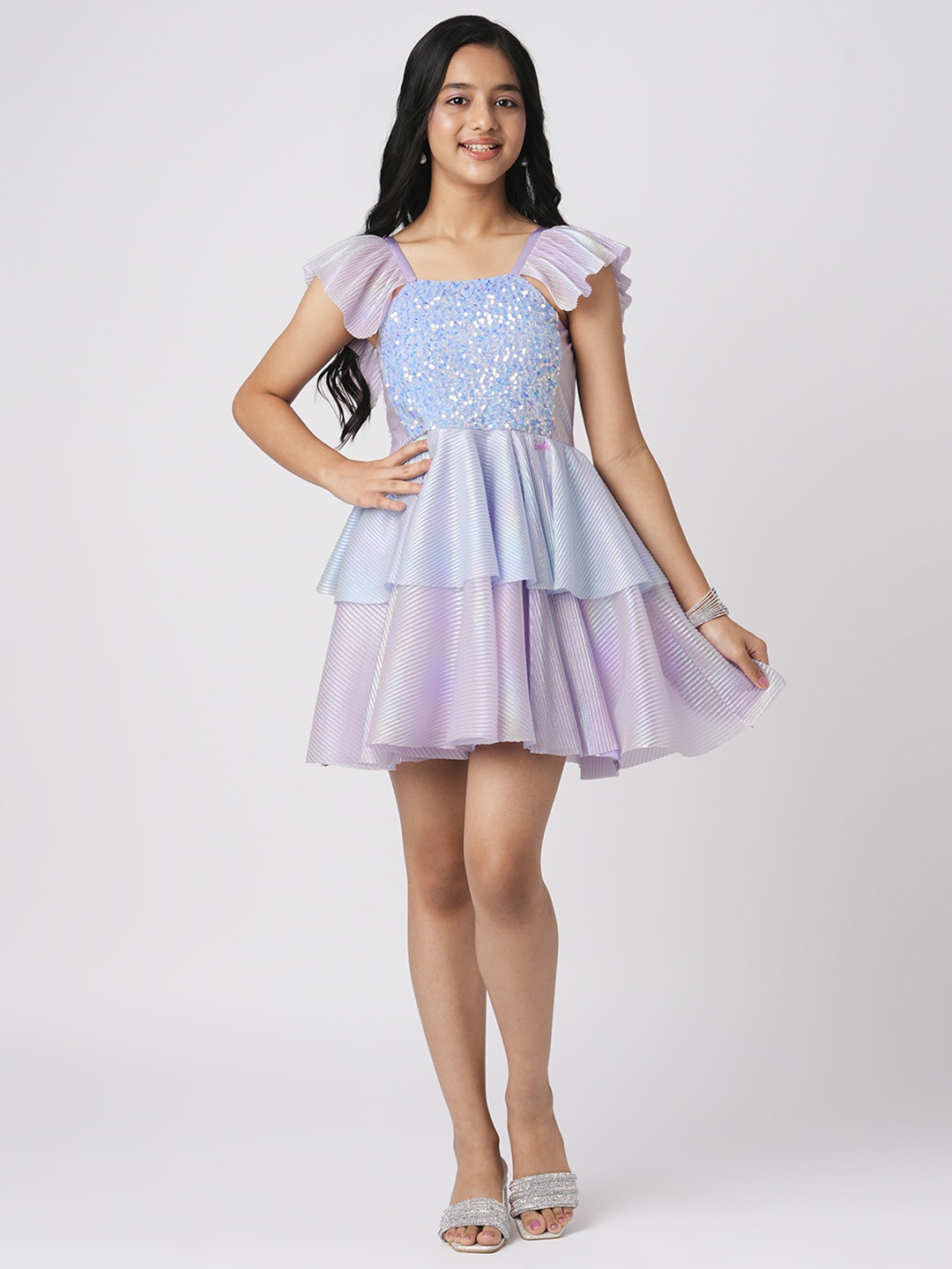 

LIL DRAMA Self Design Sequined Flutter Sleeves Fit & Flare Dress, Blue