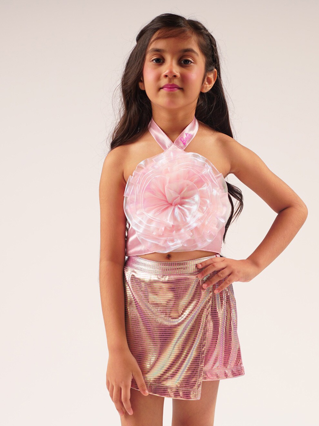 

LIL DRAMA Girls Halter Neck Crop Top With Skirt, Pink
