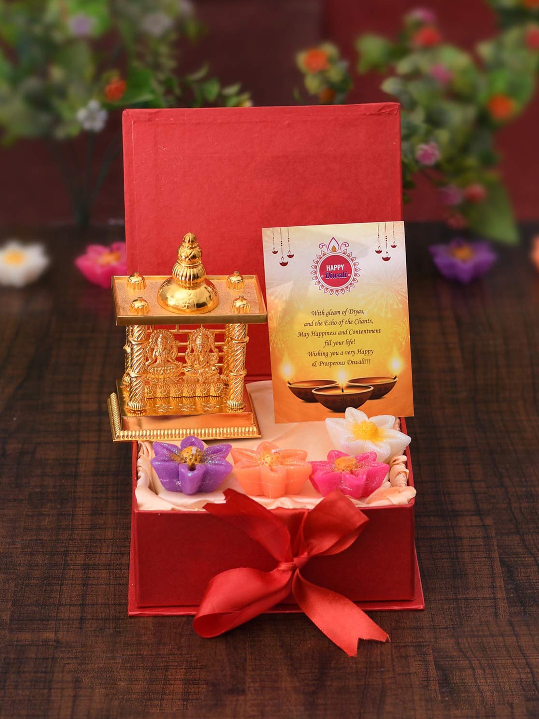 

CraftVatika Brown 6 Pieces Ganesh Laxmi Metal Idol & Candles & Greeting Card, Red