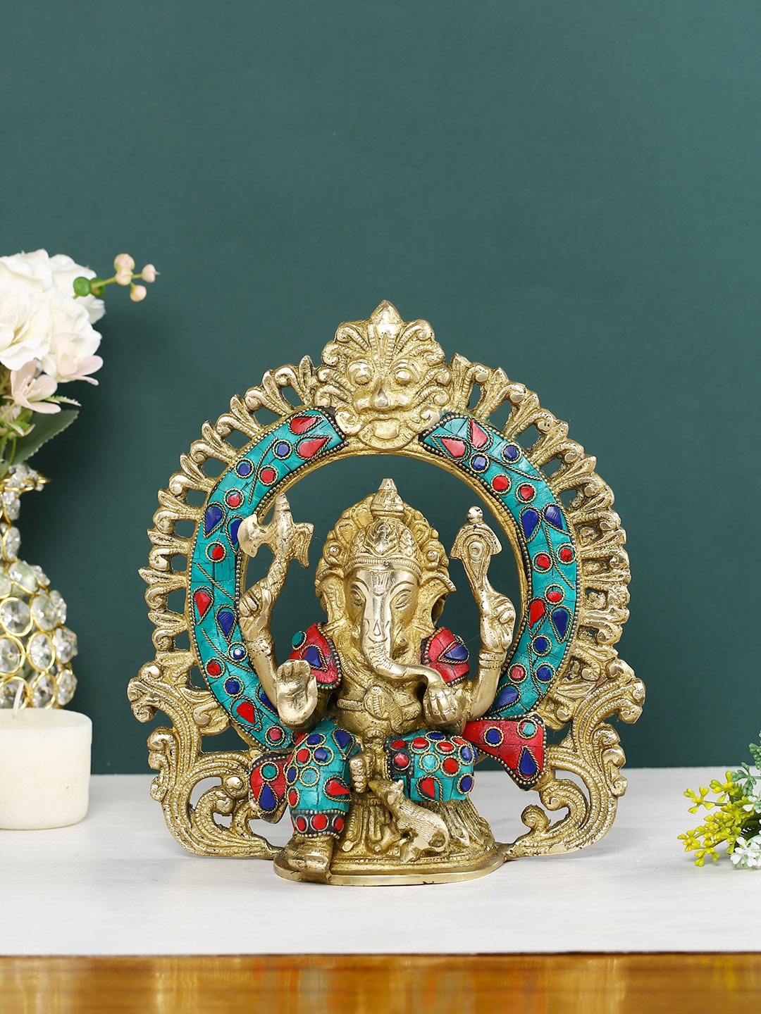 

CraftVatika Brown & Blue Textured Ganesha Metal Idol Showpiece