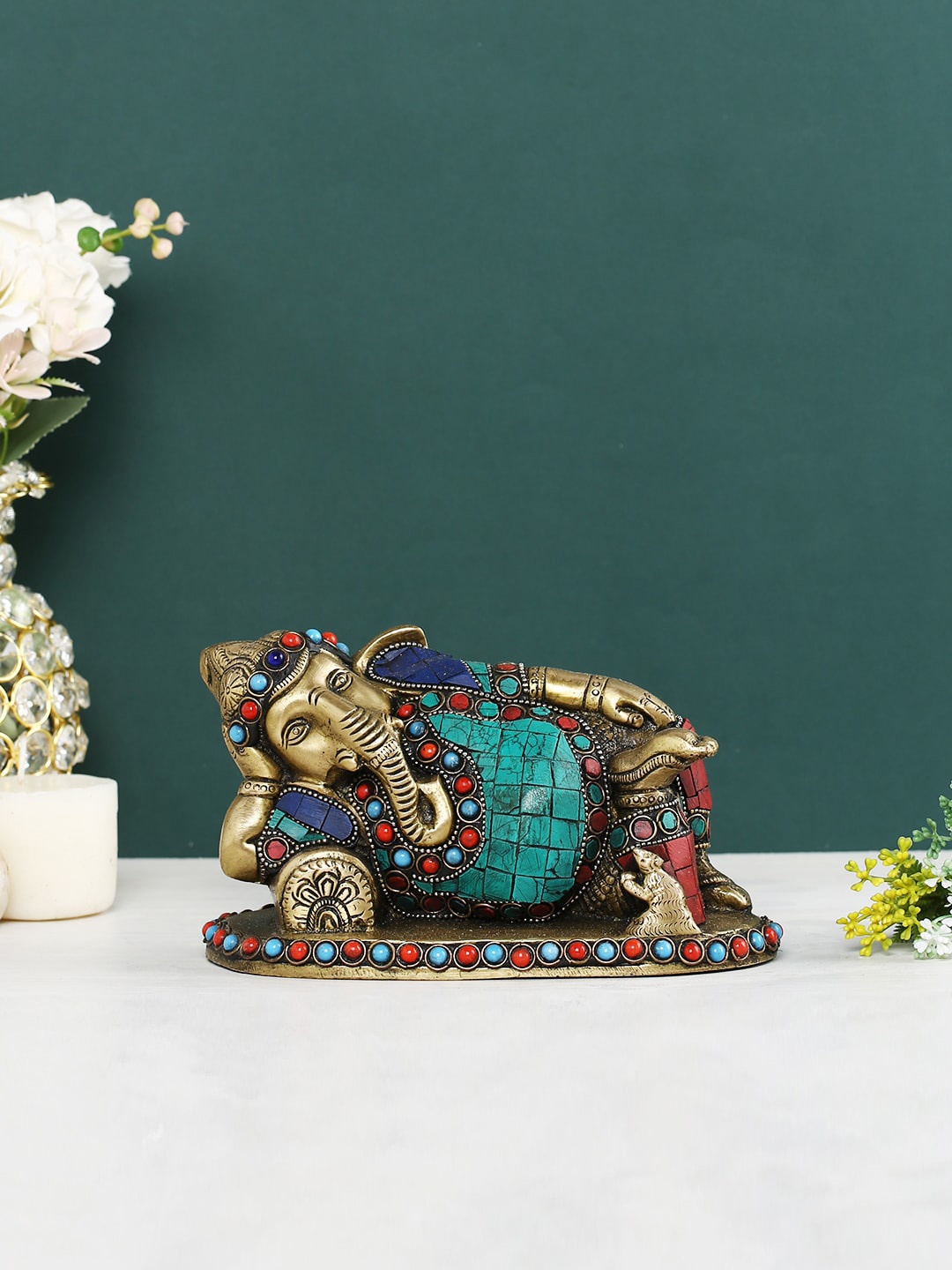 

CraftVatika Golden & Red Ganesha Brass Idol Showpiece, Gold