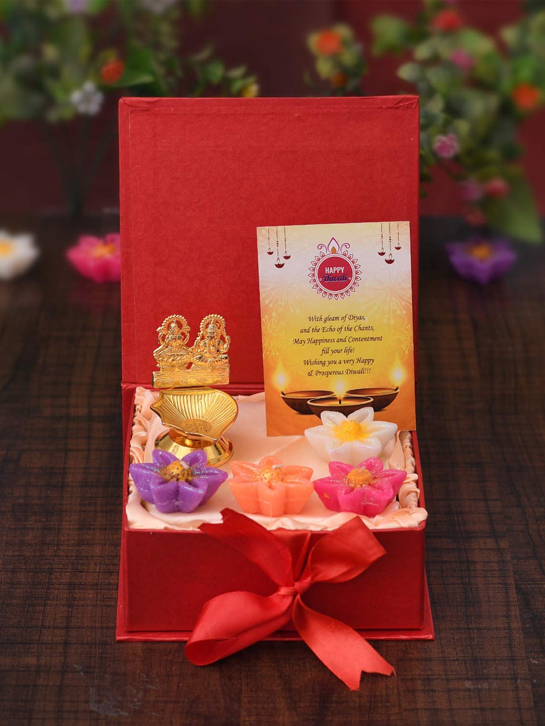

CraftVatika Brown & Pink 5 Pcs Metal Diya & Floating Candle Figurine Gift Set, White