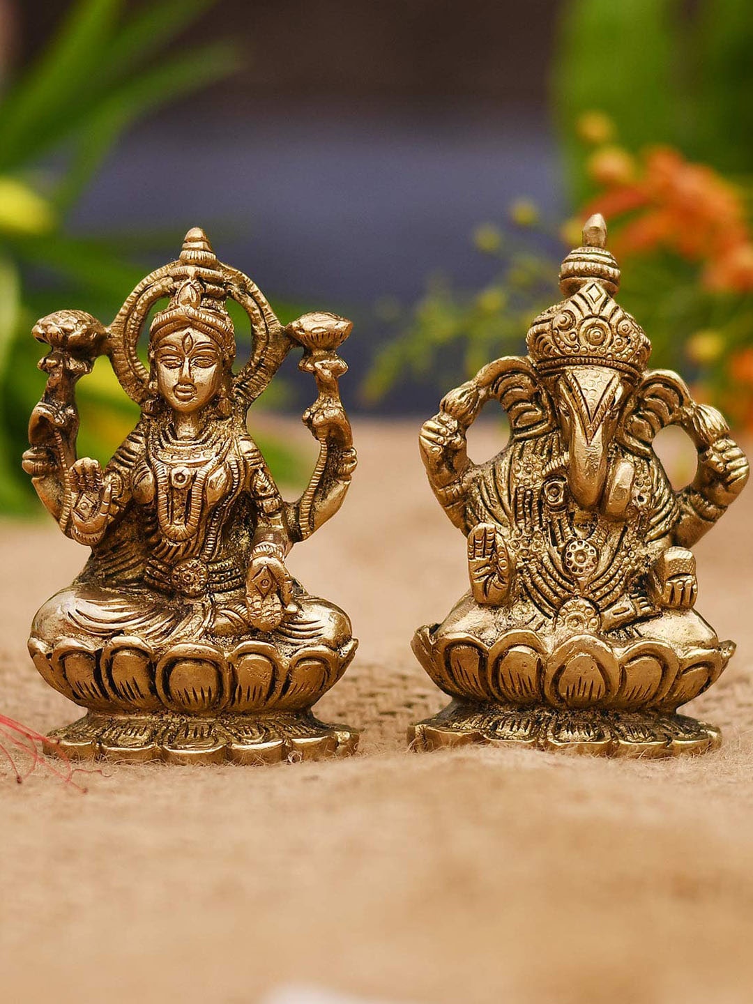 

CraftVatika 2 Pcs Golden Ganesha & Lakshmi Brass Idol Showpieces, Gold