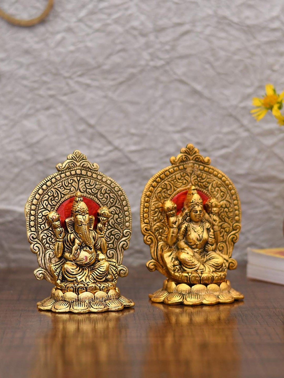 

CraftVatika 2 Pcs Golden Textured Ganesh & Laxmi Metal Idol Showpieces, Gold