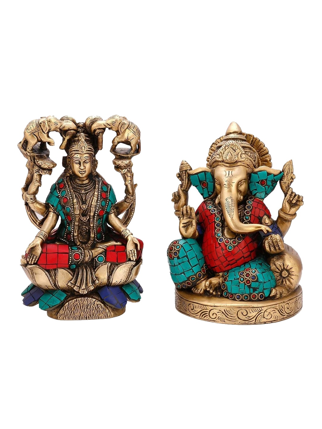 

CraftVatika 2 Pcs Red & Green Brass Lakshmi Ganesh Idol Showpieces