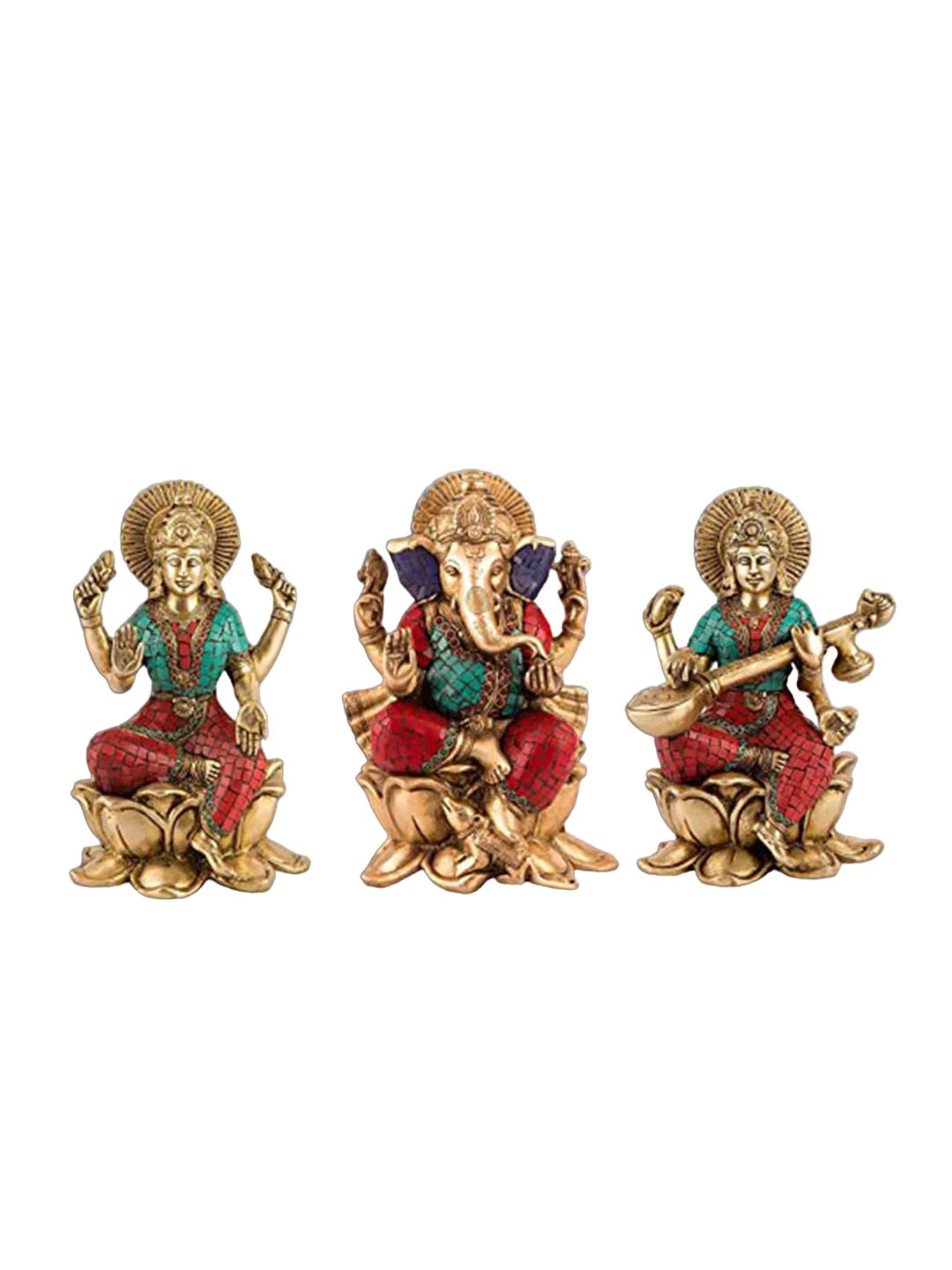 

CraftVatika Red & Gold 3 Pieces Textured Ganesh & Laxmi & Saraswati Brass Idol Showpieces