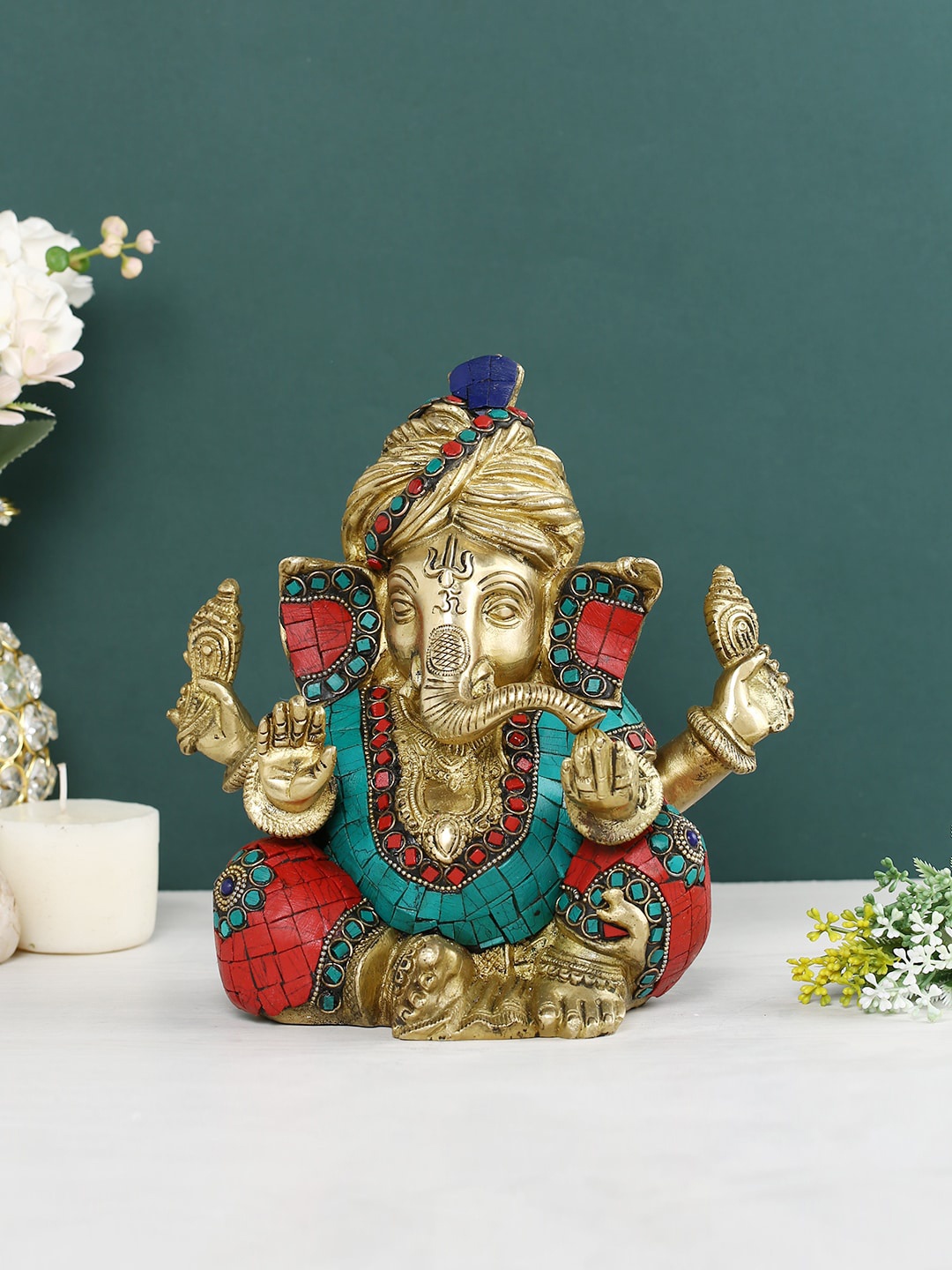 

CraftVatika Red & Blue Textured Cap Safa Ganesha Brass Idol Showpiece
