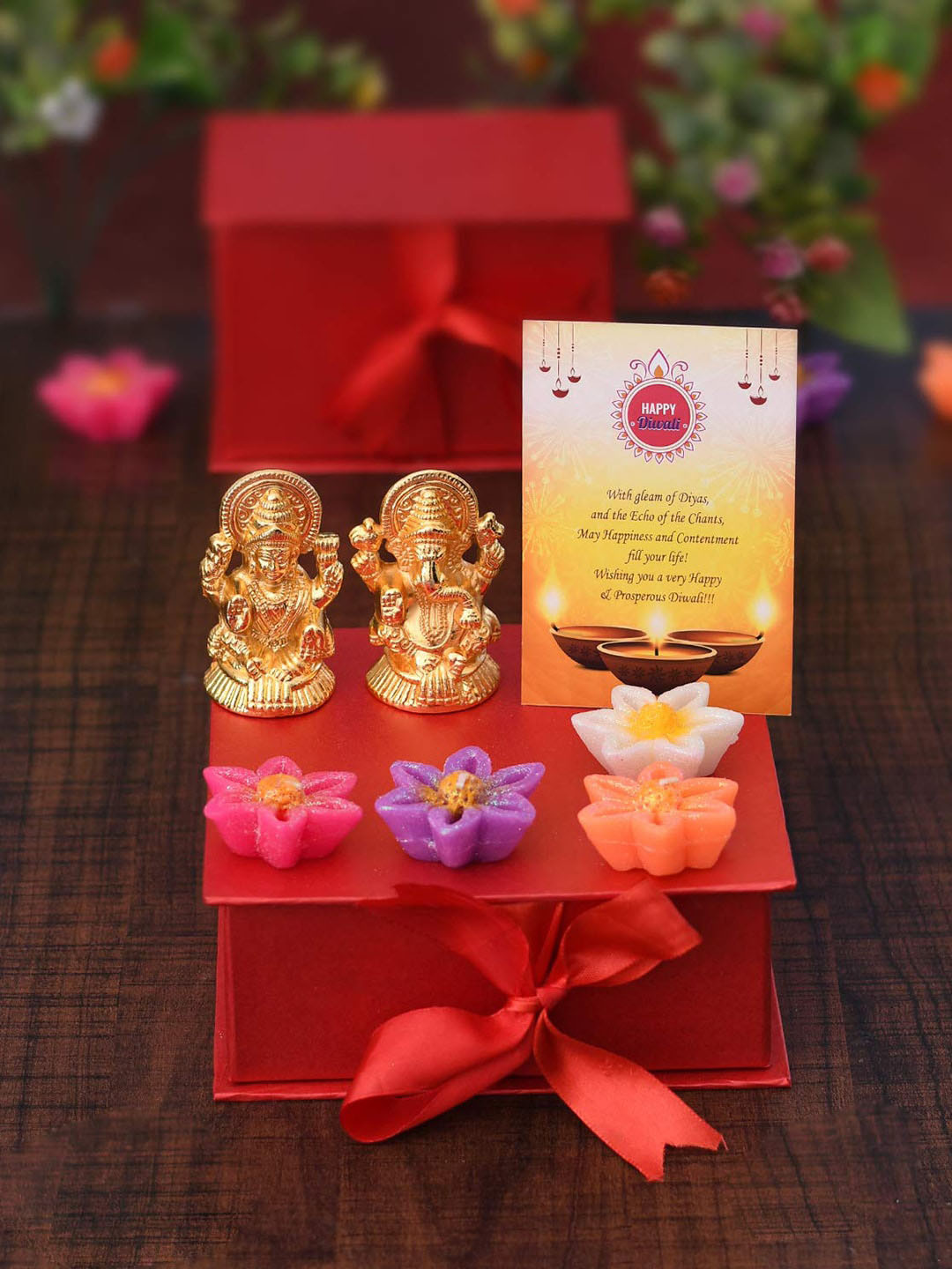 

CraftVatika Floating Candles Greeting Card Lakshmi Ganesha Metal Idol Showpiece, Yellow