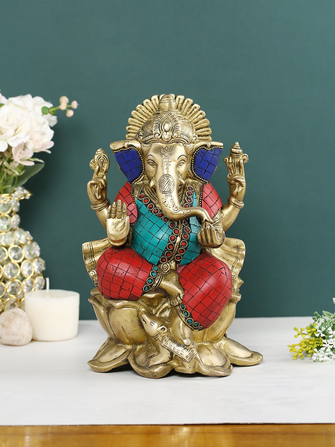 

CraftVatika Golden & Red Lord Ganesha Brass Idol Showpiece, Gold
