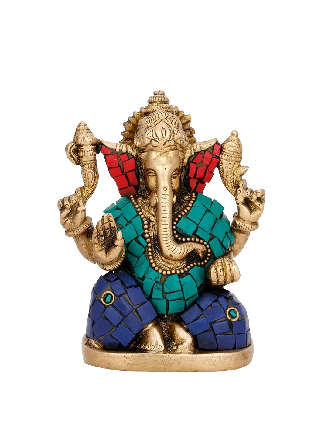 

CraftVatika Gold Toned & Green Textured Large Jali Ganesh Wooden Idol Showpiece