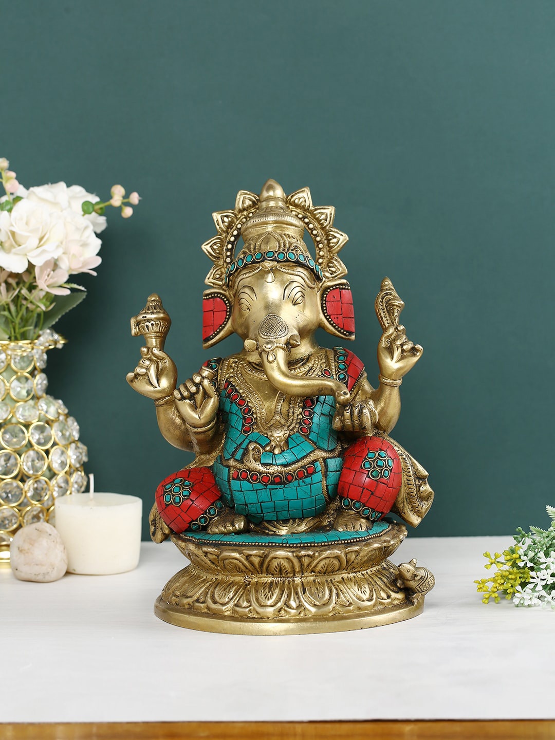 

CraftVatika Golden & Red Lord Ganesha Brass Idol Showpiece, Gold