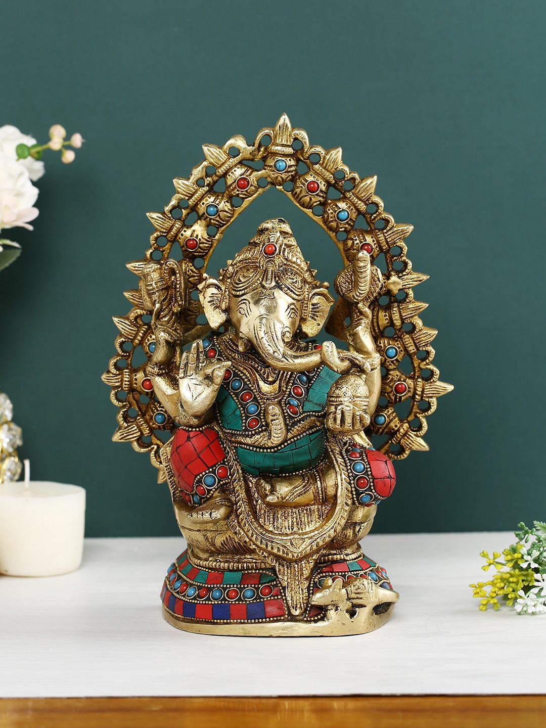 

CraftVatika Gold Toned & Red Ganesha Brass Idol Showpiece