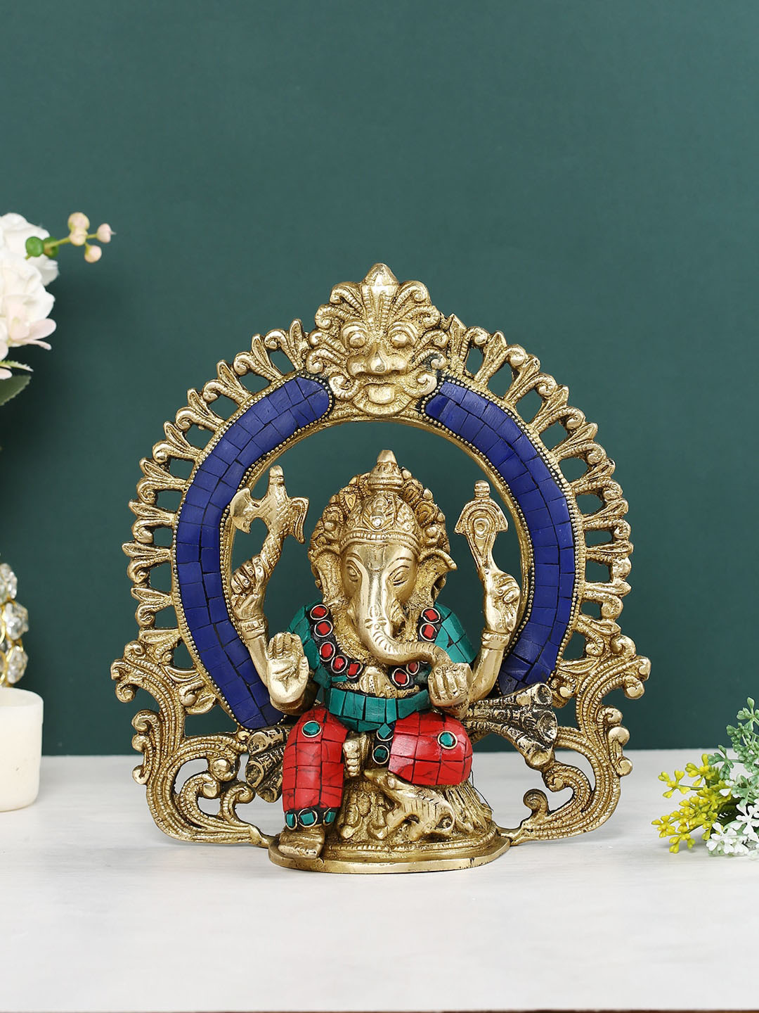 

CraftVatika Gold Toned & Blue Brass Shiva Ganesh Statue Shivlingam Showpiece