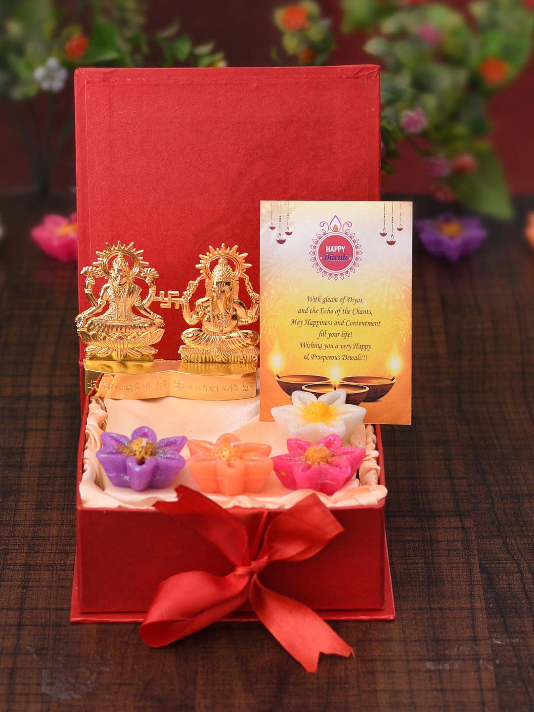 

CraftVatika Gold Toned & Red 6 Pcs Showpieces With Candles & Greeting Card Gift Set