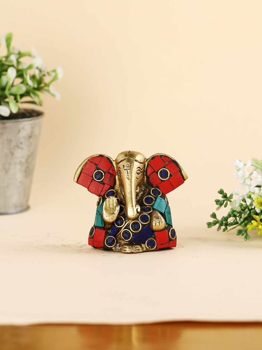 

CraftVatika Gold Toned & Red Large Palm Lord Lakshmi Ganesh Idol Brass Showpiece