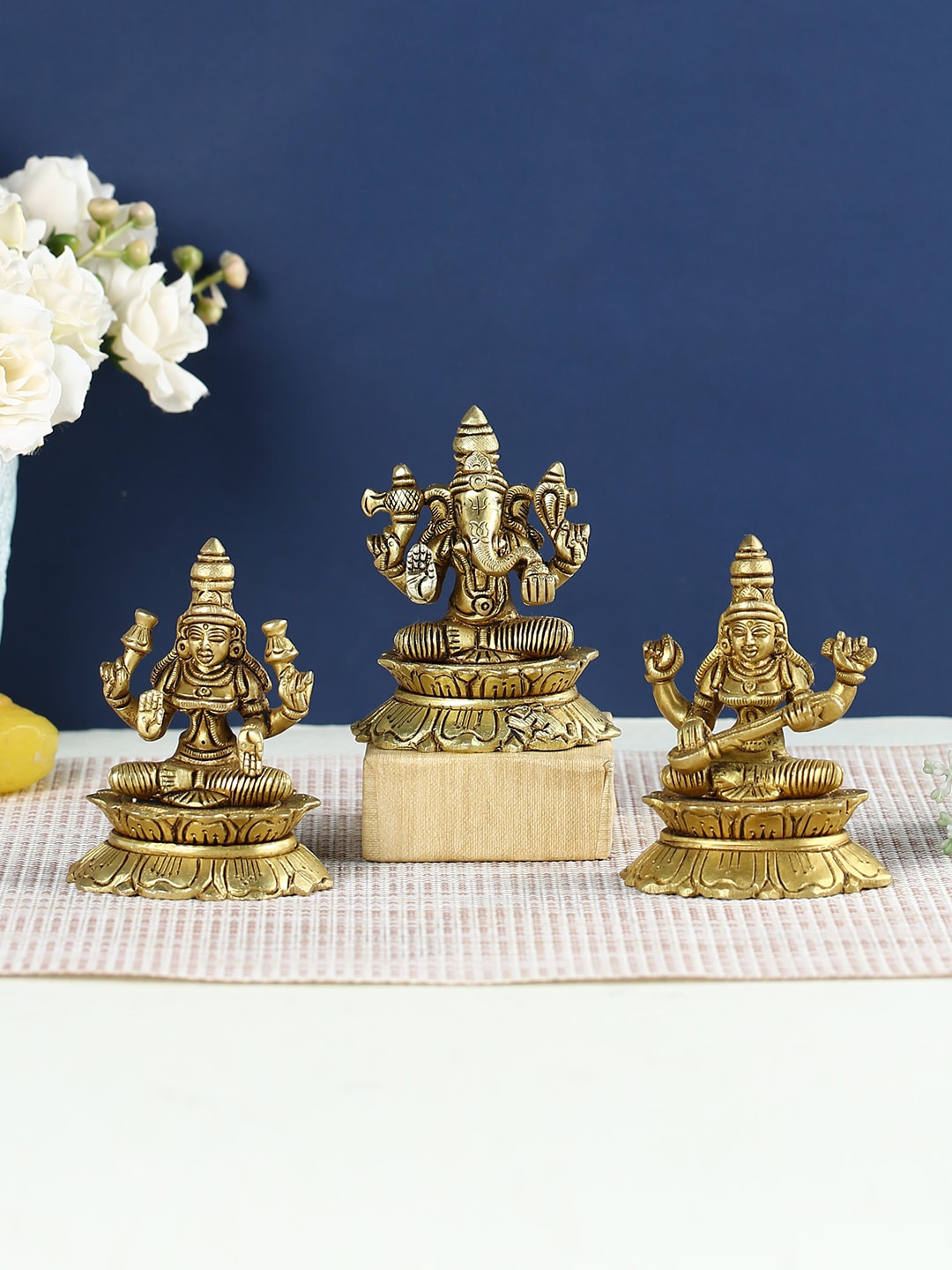 

CraftVatika 3 Pcs Golden Ganesha Lakshmi & Saraswathi Brass Idol Showpieces, Gold