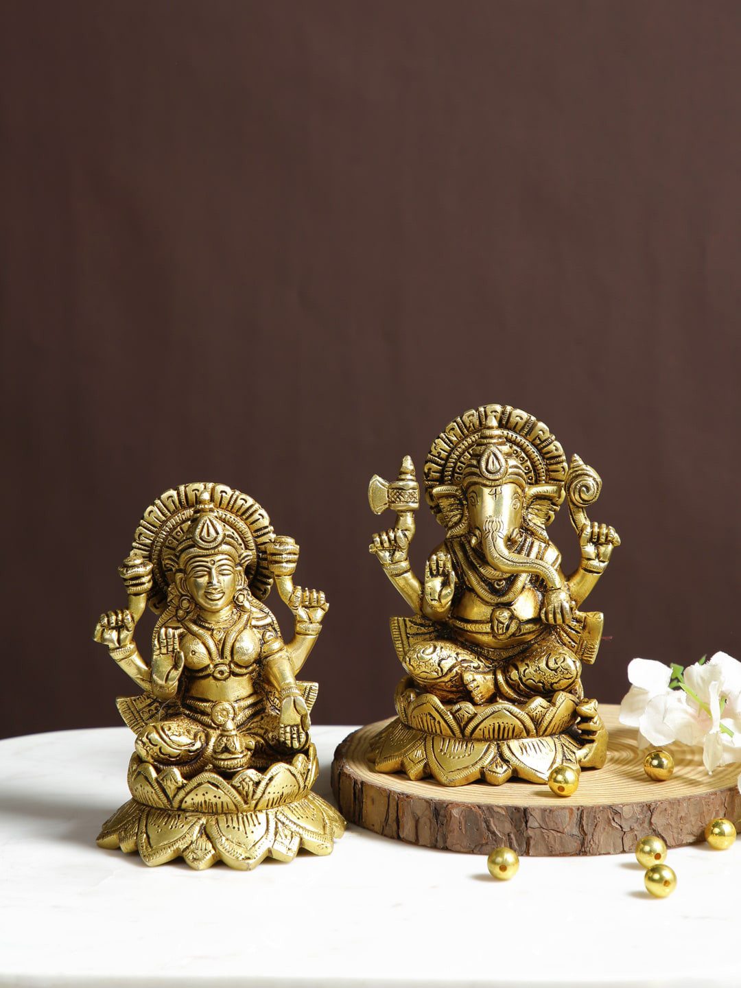 

CraftVatika Yellow 2 Pieces Ganesha & Lakshmi Brass Idol Showpieces, Gold