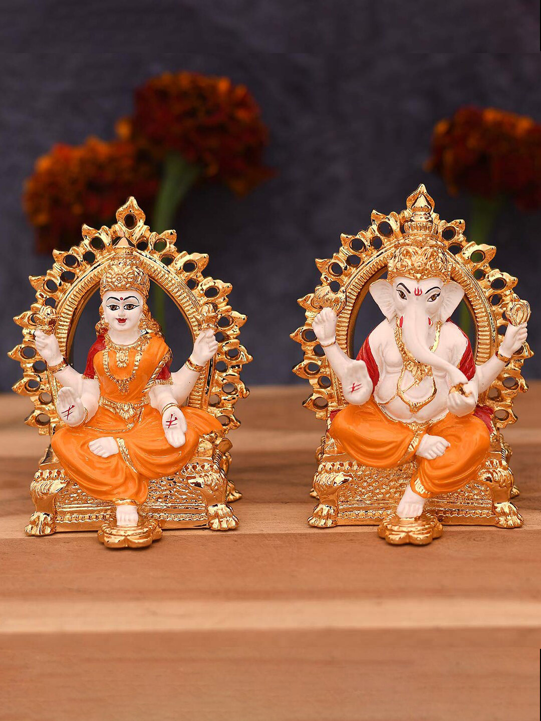 

CraftVatika 2 Pcs Golden & Orange Textured Ganesh & Laxmi Ceramic Idol Showpieces, Gold