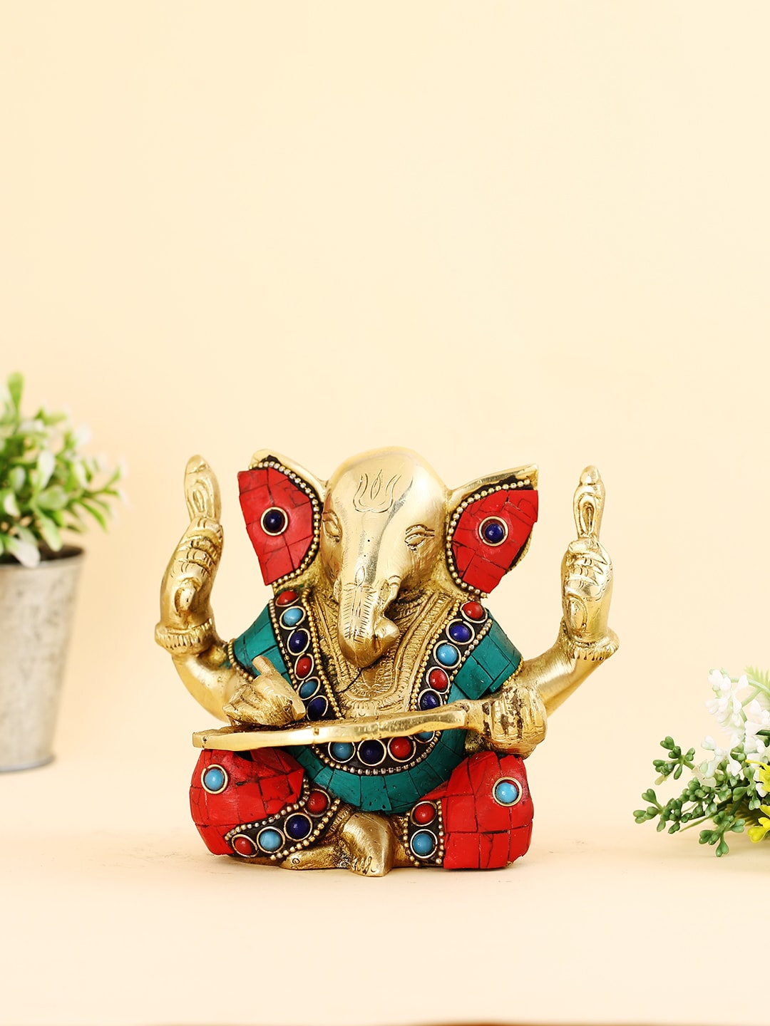 

CraftVatika Golden & Red Lord Ganesha Brass Idol Showpiece, Gold