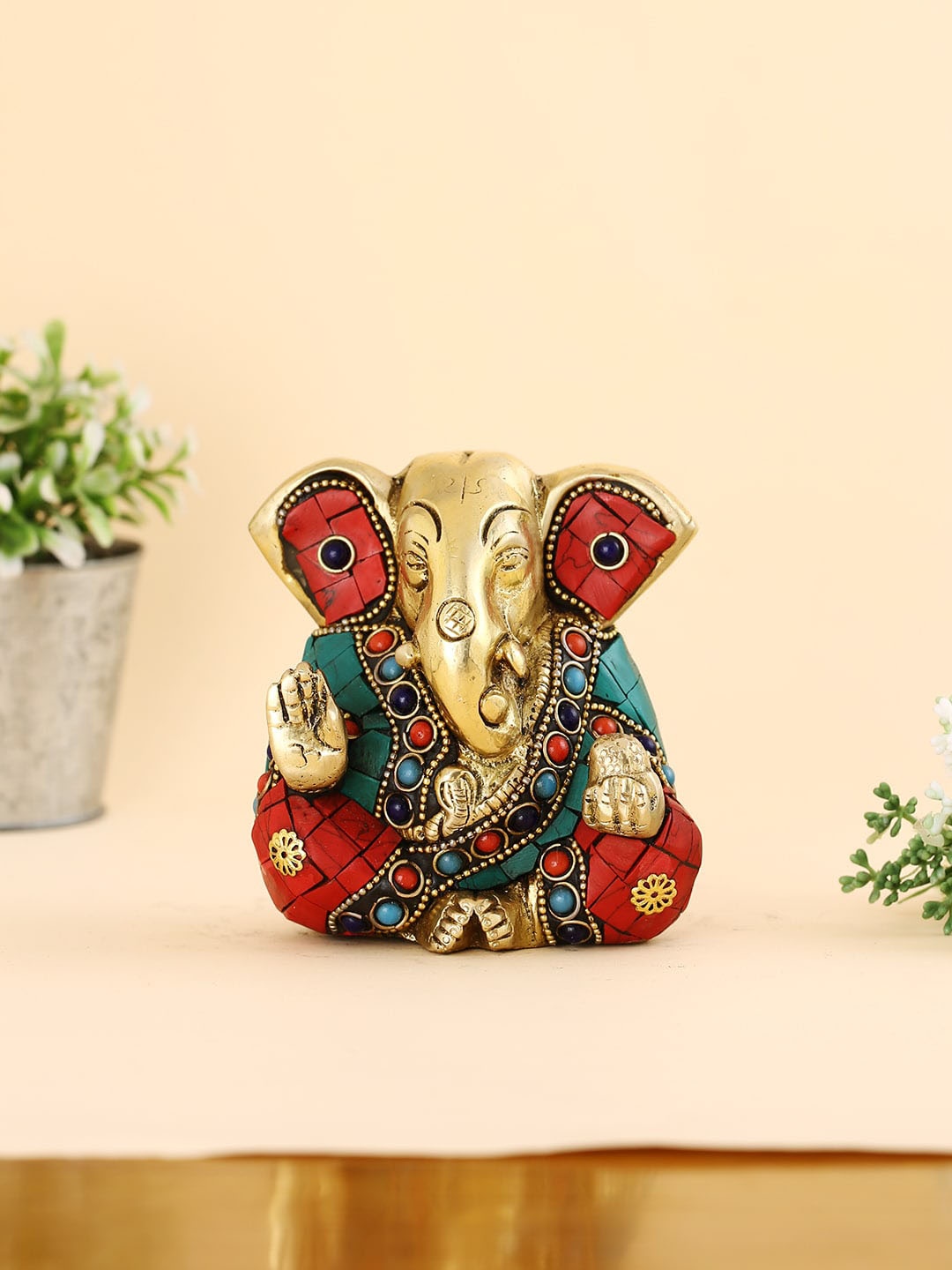 

CraftVatika Red & Green Textured Lord Musical Ganesh Statue Showpiece, Gold