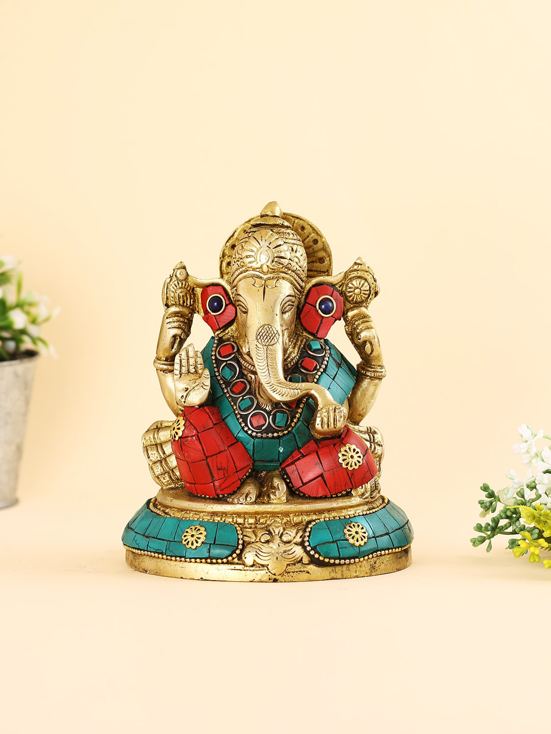 

CraftVatika Gold Toned Ganesha Brass Idol Showpiece