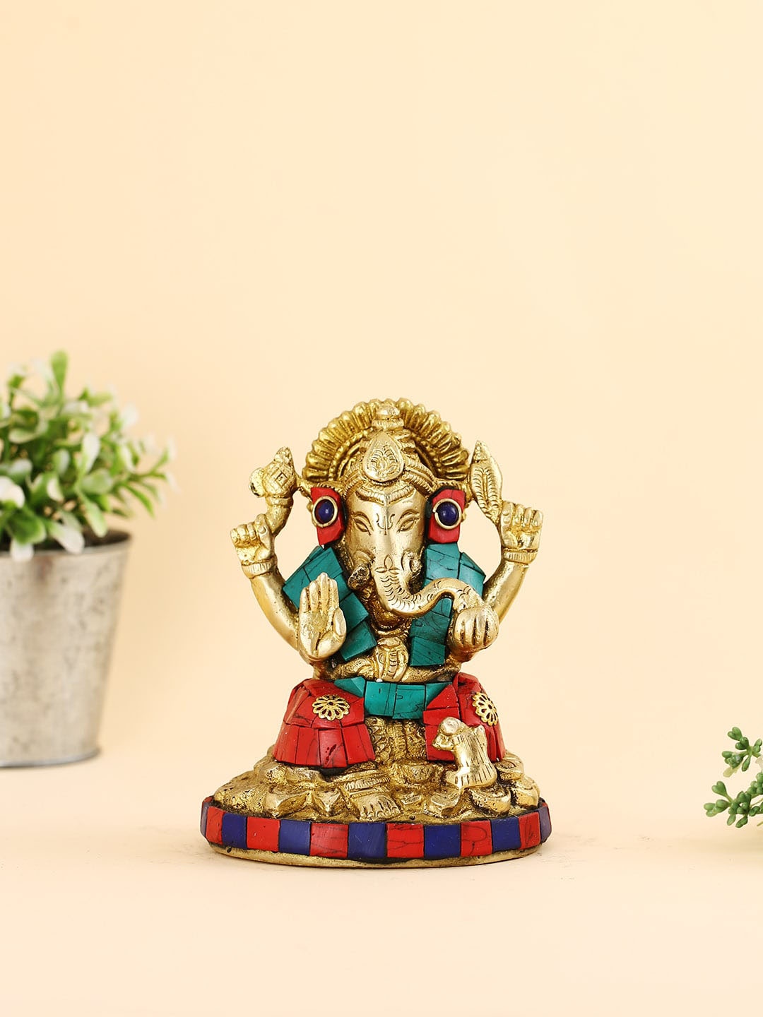 

CraftVatika Green & Red Ganesha Brass Idol Showpiece, Gold