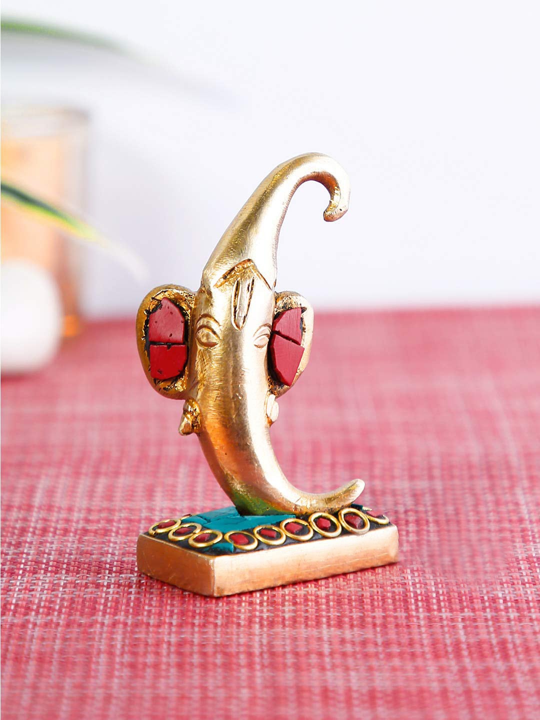 

CraftVatika Gold Toned & Red Textured Mirchi Ganesha Brass Idol Showpiece