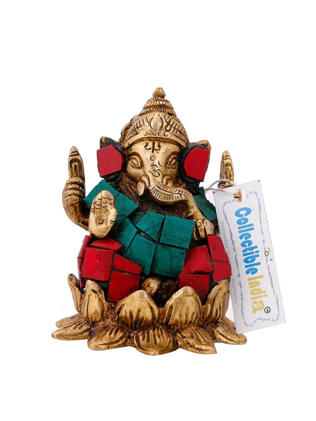 

CraftVatika Red & Green Textured Ganesh Brass Idol Showpiece
