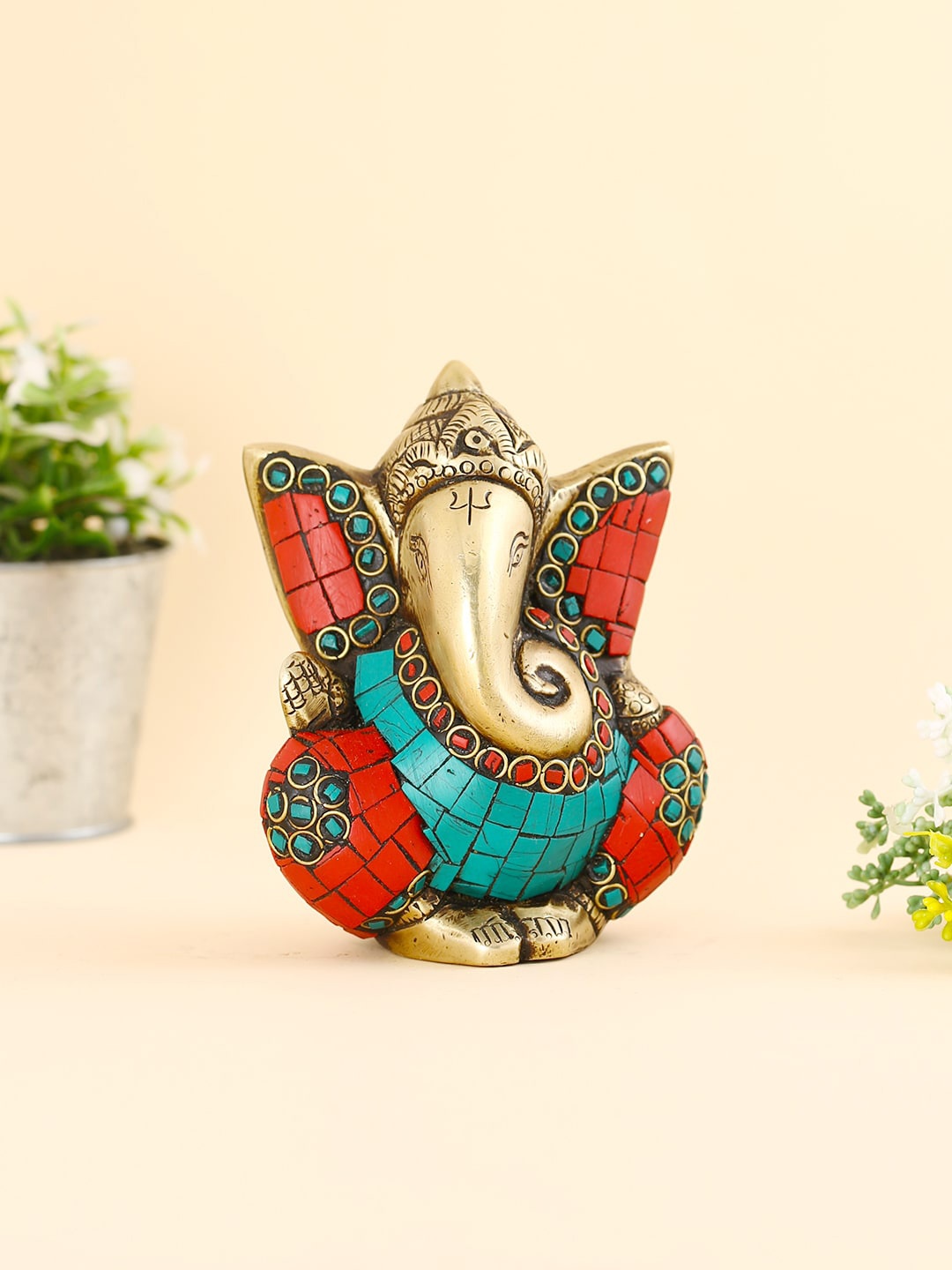 

CraftVatika Golden & Red Ganesha Brass Idol Showpiece, Gold