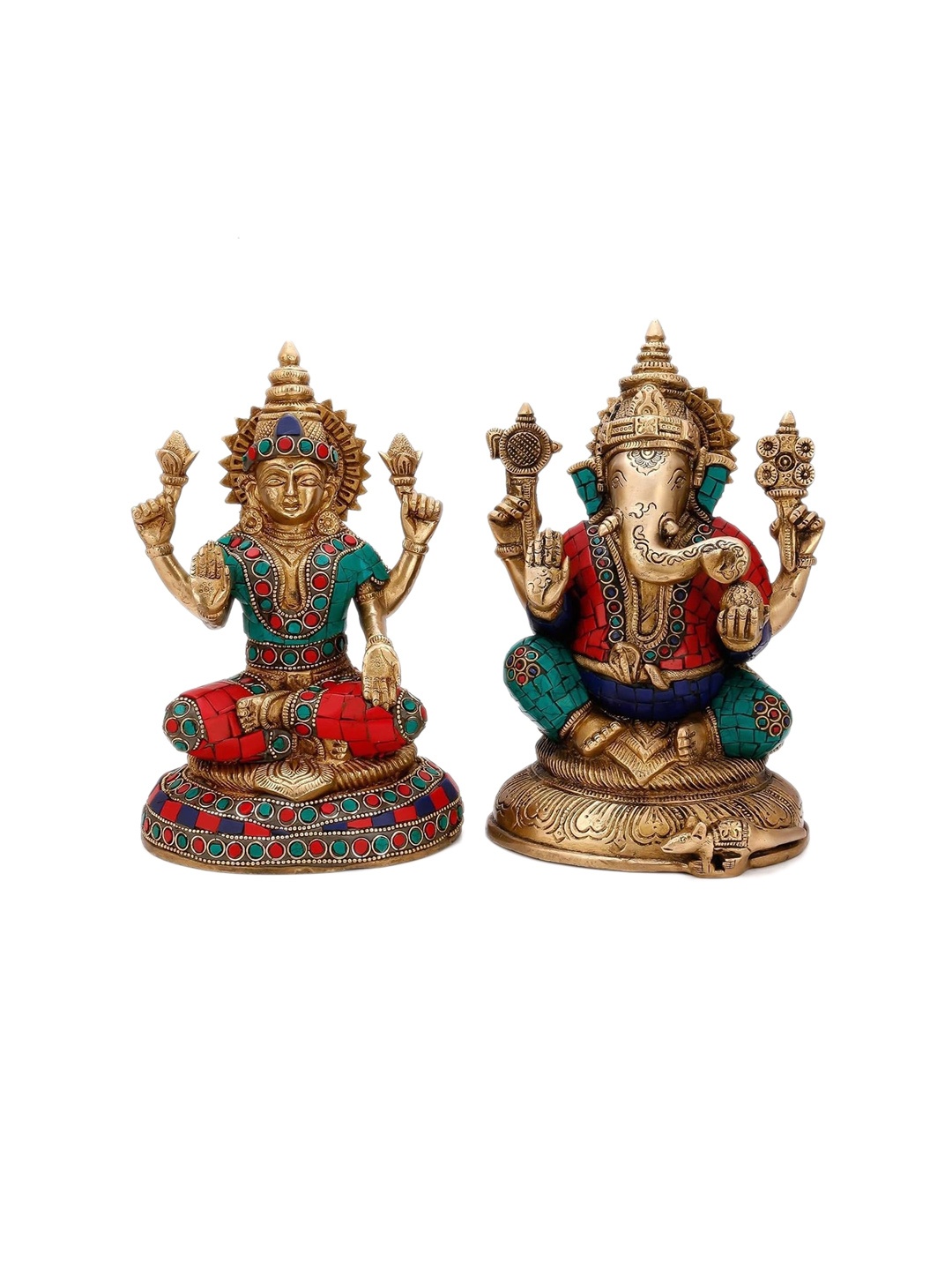 

CraftVatika Red 2 Pieces Textured Ganesh & Laxmi Brass Idol Showpieces, Brown