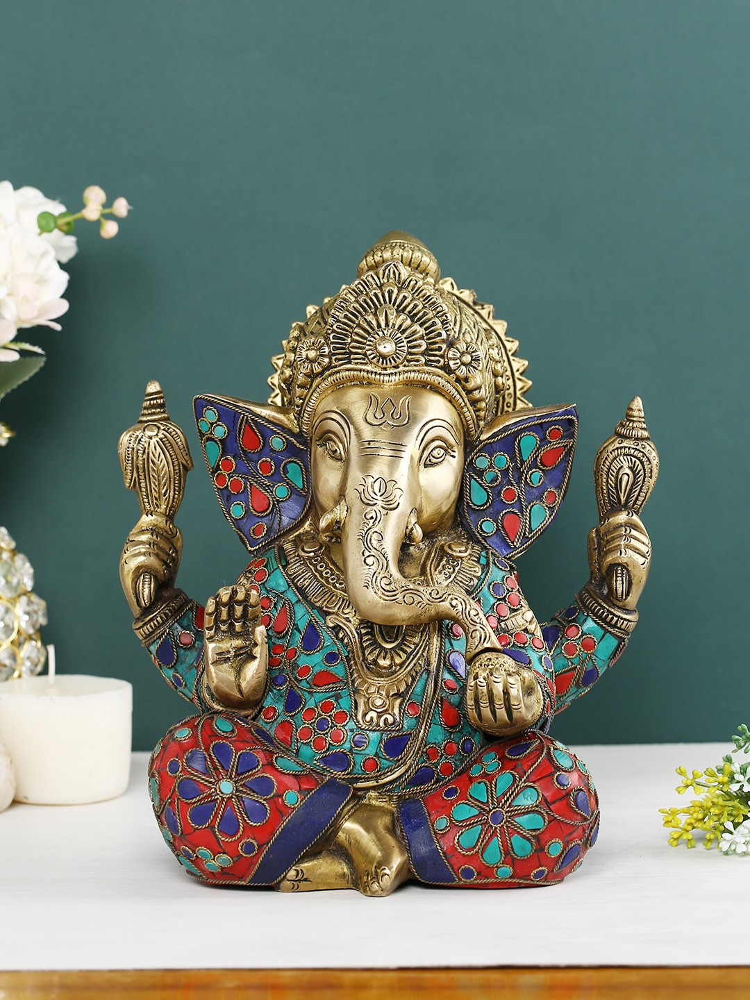 

CraftVatika Red & Green Textured Ganesh Brass Idol Showpiece, Brown