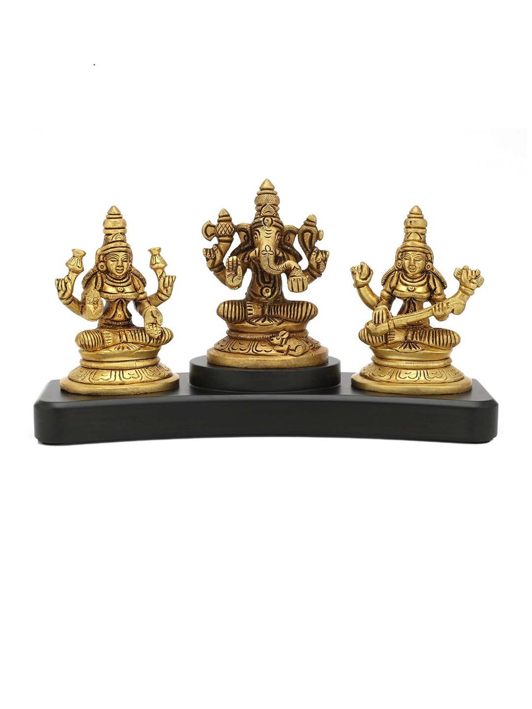 

CraftVatika God Toned & Black Wooden Base Laxmi Ganesha Saraswati Idol Set Brass Showpiece, Gold