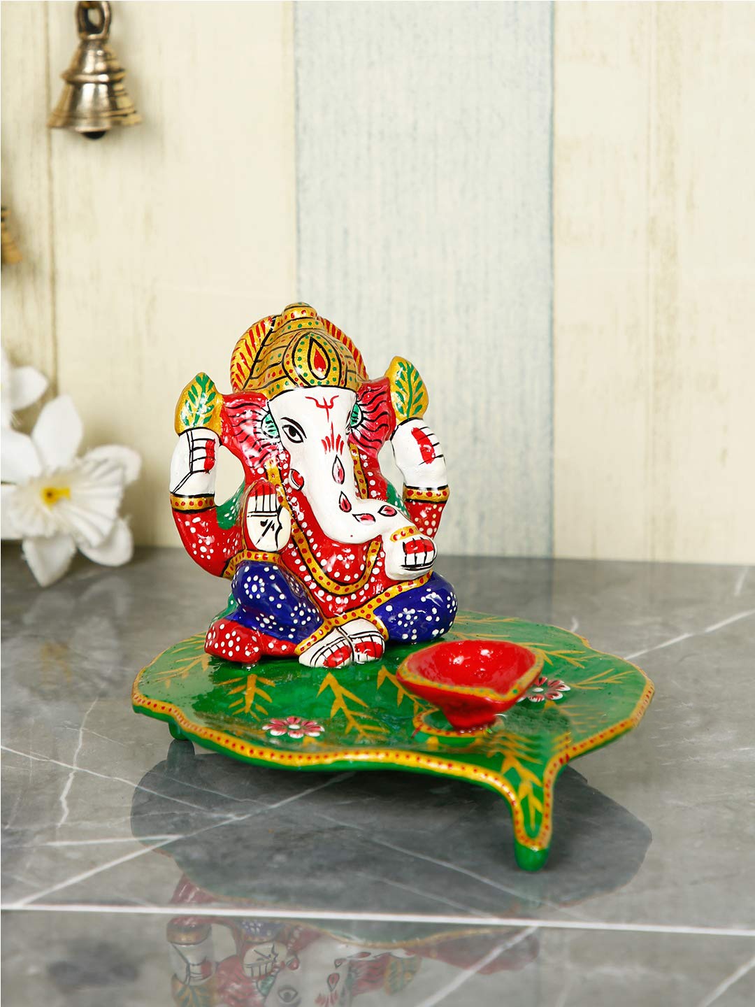 

CraftVatika Red & Green Ganesha Metal Idol Showpieces