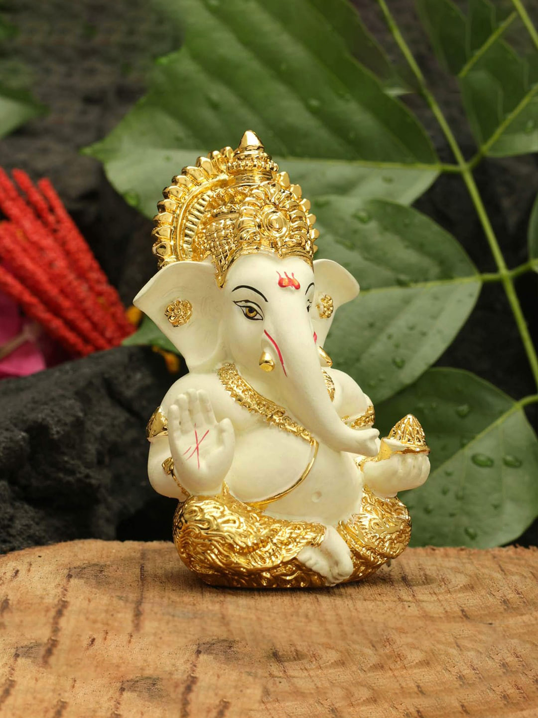 

CraftVatika White & Gold Toned Ganesh Idol Murti Statue Showpieces