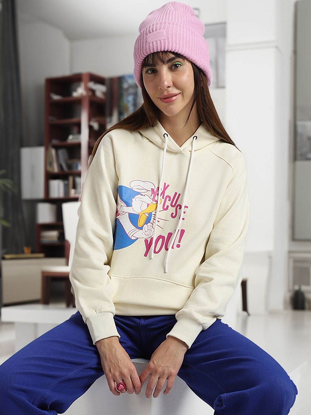 

JUNEBERRY Disney Donald Duck Printed Hooded Fleece Pullover, Beige