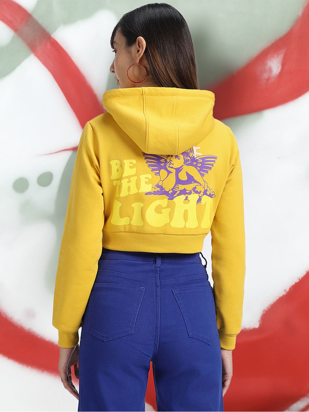 

JUNEBERRY Typography Printed Hooded Fleece Crop Pullover, Yellow