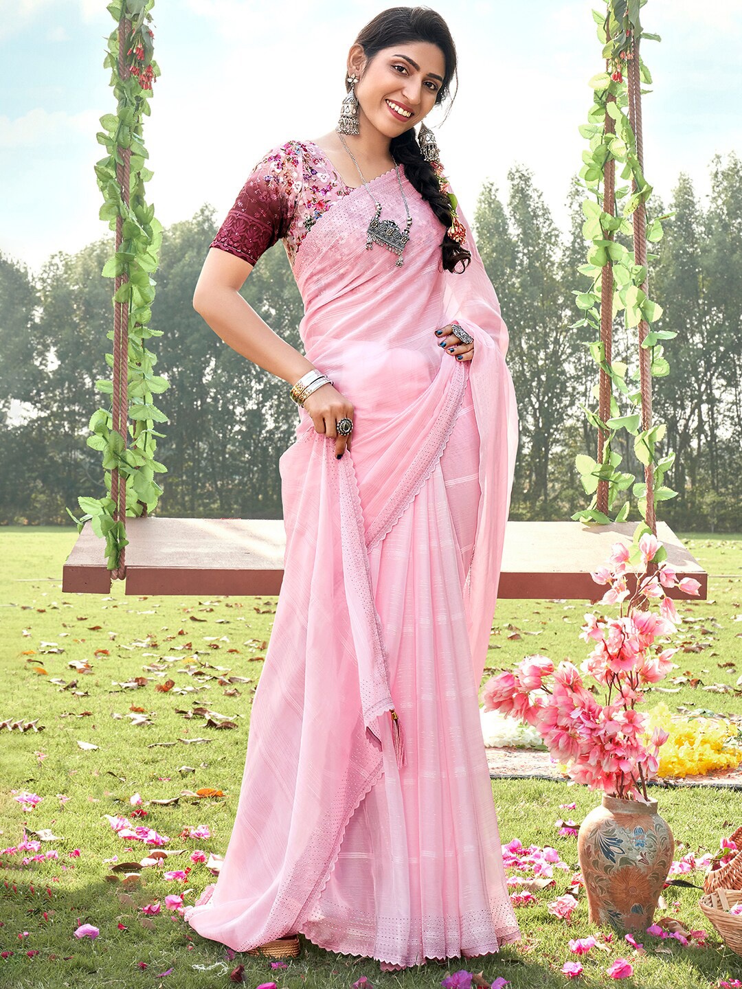 

Saree mall Striped Embellished Beads & Stones Pure Crepe Saree, Pink