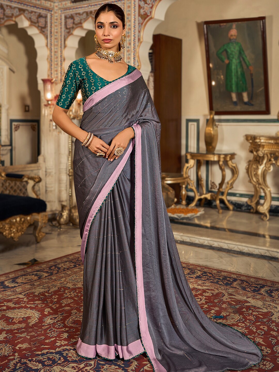 

Saree mall Striped Poly Chiffon Sarees, Grey